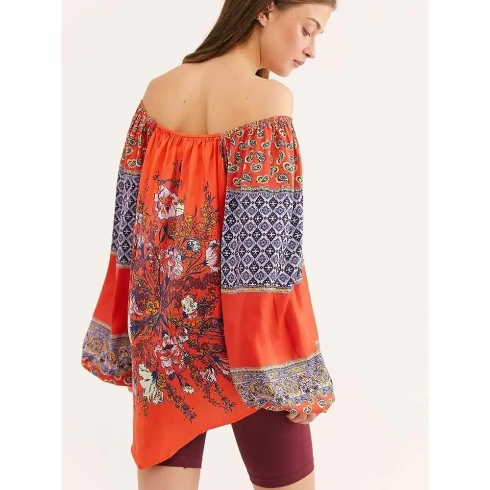 Free People Positano Womens Small Cherry Floral Boho Blouse Balloon Sleeve NWT